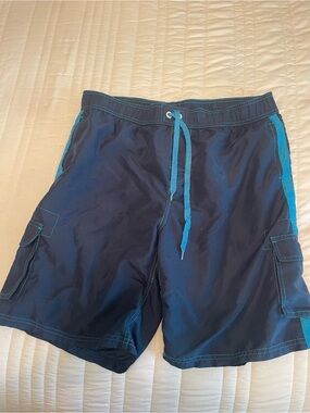 NORTY Men's Dark Blue Board lined Swim Shorts with Teal Trim